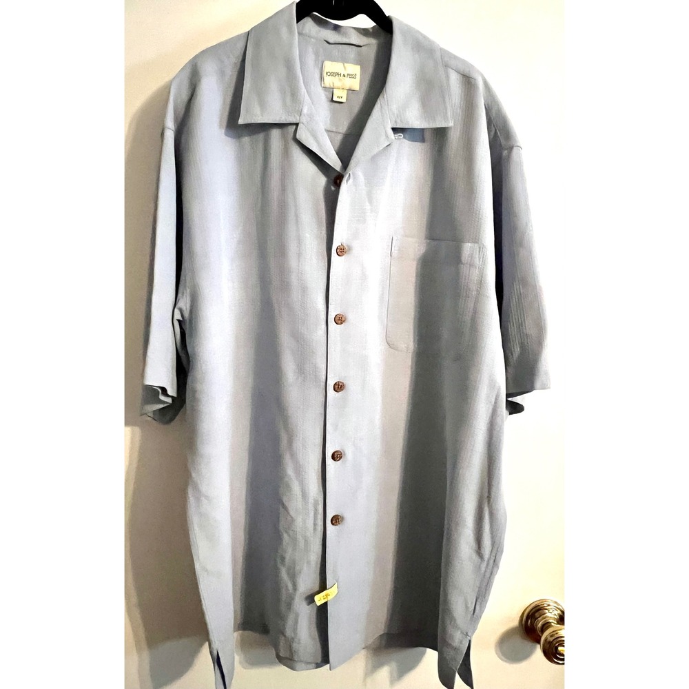Joseph & Feiss Men's XLT 100% Silk Shirt Blue Gray Short Sleeve Camp Button Up